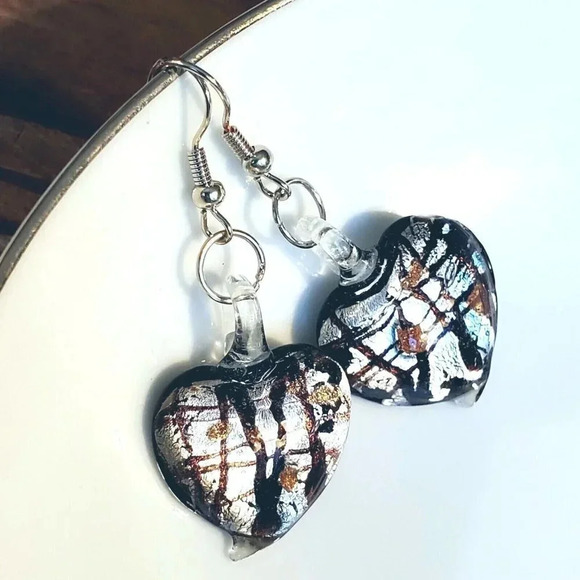 Hand Blown Murano Glass Black Silver Gold Puffed Heart Pendant Earrings - Picture 1 of 6